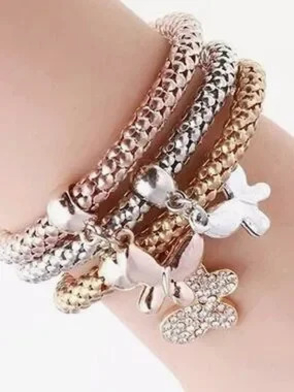 Anthropologie Rose Gold, Gold & Silver Butterfly Charm Bracelet Set
